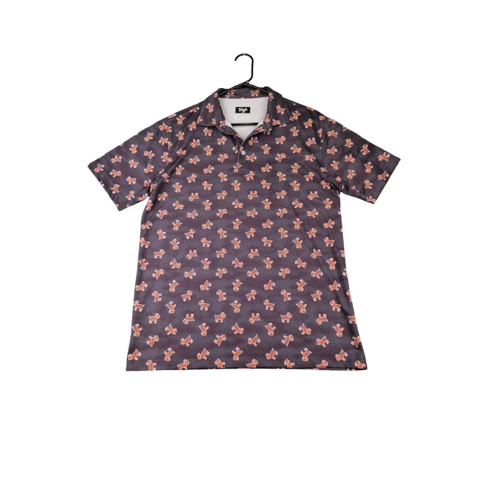Waggle Golf Men Tiger Goat Polo Shirt Grey Orange Short Sleeve Stretch Large - Picture 2 of 8